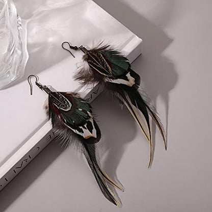 Bohemian Long Feather Earrings for Women Handmade Natural Dangle Tassel Jewelry - color: Style A
