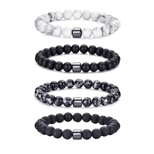 Mens Beaded Bracelets Set 8MM Tiger Eye Lava Stone Stretch Natural Stone Men's Bead Bracelet Mens Bracelet - color: 4,lava rock,black,grey,white bracelet