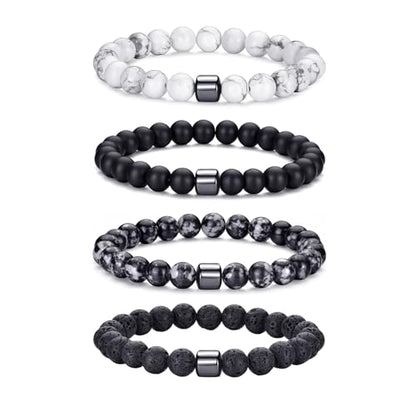 Mens Beaded Bracelets Set 8MM Tiger Eye Lava Stone Stretch Natural Stone Men's Bead Bracelet Mens Bracelet - color: 4,lava rock,black,grey,white bracelet