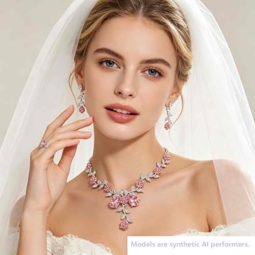 Kamirola Women's Wedding Jewelry Leaf Cluster Flower Crystal Dangle Earrings Pendant Necklace Set for BridalCrystal Bridal Jewelry Set - color: Silver Pink