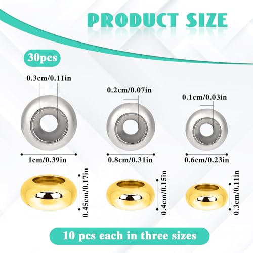 30Pcs Stainless Steel Stopper Beads for Charm Bracelets, Adjustable Slider Beads Spacer Beads Metal Loose Beads Gold and Silver 6/8/10mm with Insert Rubber Locating Rings for DIY Jewelry Making - color: Gold + Silver