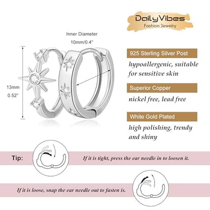 DAILY VIBES Dainty Small Star Huggie Hoop Earrings for Women Trendy | 925 Sterling Silver Post, 14K Gold or Silver Plated, Mini Cubic Zirconia, Cartilage Hoop Earrings - color: Silver Asymmetric Star