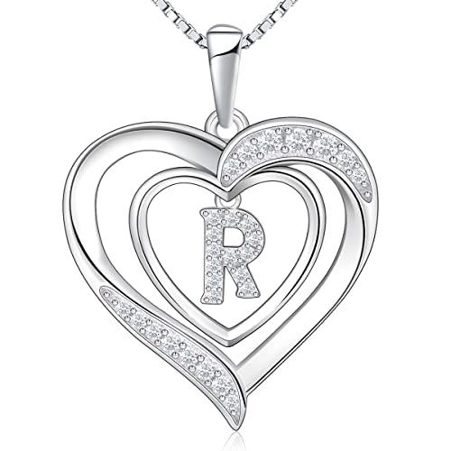 RIVIKO Heart Initial Necklace for Women, 925 Sterling Silver Letter Pendant,Personalized Charm Alphabet Jewelry Valentines Mother's Day Anniversary Christmas Birthday Gifts for Women Her Mom Wife - color: Letter-R