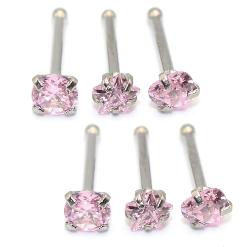 6-Piece Nose Piercing Studs Set, 20G Stainless Steel Nose Studs, 3mm Crystal Heart Star Round Shapes, 0.8x7mm Bone - color: Pink