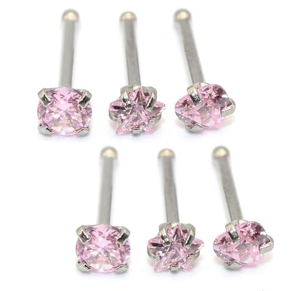 6-Piece Nose Piercing Studs Set, 20G Stainless Steel Nose Studs, 3mm Crystal Heart Star Round Shapes, 0.8x7mm Bone - color: Pink