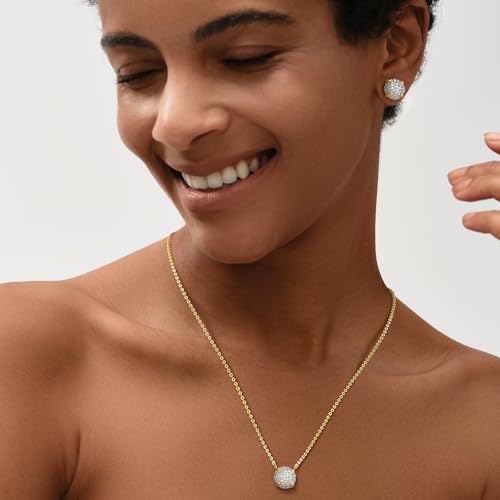 MEVECCO Pave Cubic Zirconia Stud Earrings for Women, 18K Gold Plated Brass | Pave CZ Fronts, Curved Gold Plated Edge Accents, Soft Motifs and Clean Geometric Styles - style: round