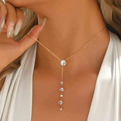 Lariat Necklaces for Women 18K Gold Plated Cubic Zirconia Heart Necklaces Dainty Star Lightning Sun and Moon Necklace Trendy Y Shaped Drop Diamond Necklace - color: CZ Y Necklace-Gold