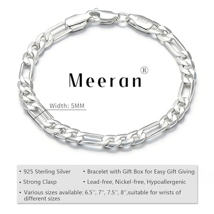 925 Sterling Silver Bracelet for Men Silver Jewelry | 5mm Diamond-Cut Figaro Chain Bracelet 6.5-8 inches Gifts for Men Father Husband - color: 6.5 inches