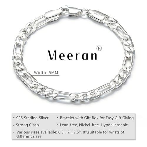 925 Sterling Silver Bracelet for Men Silver Jewelry | 5mm Diamond-Cut Figaro Chain Bracelet 6.5-8 inches Gifts for Men Father Husband - color: 7 inches