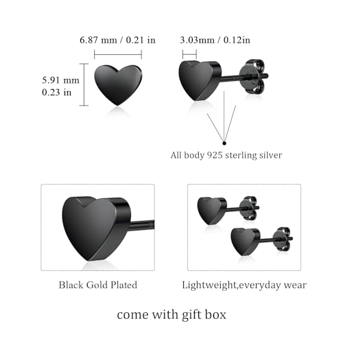 JIAYIQI Minimalist 925 Sterling Silver Stud Earrings Set, 14K Gold Plated Hypoallergenic Tiny Bar Dot Heart Star Studs for Women & Men - style: Black-Heart-1Pair