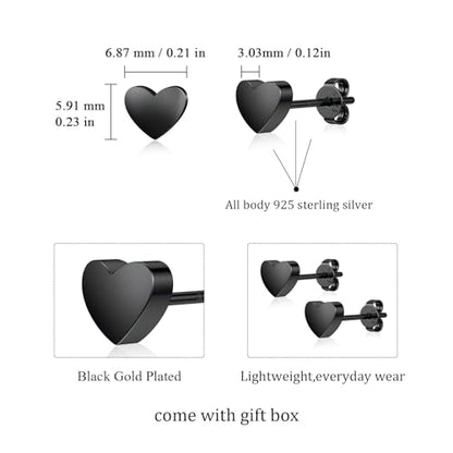 JIAYIQI Minimalist 925 Sterling Silver Stud Earrings Set, 14K Gold Plated Hypoallergenic Tiny Bar Dot Heart Star Studs for Women & Men - style: Black-Heart-1Pair