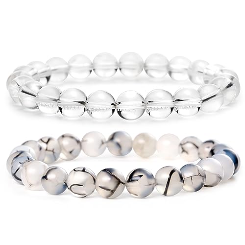 Bivei Natural Crystals Gemstone Healing Stretchy Round Beaded Bracelet | 8MM Semi Precious Beads Bracelet, Handmade Spiritual Jewelry Gift for Women Men,Enhance Positive Energy - color: 8mm Clear Quartz & Dragon Vein Agate (Master Healer), size: Small: 6.