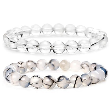 Bivei Natural Crystals Gemstone Healing Stretchy Round Beaded Bracelet | 8MM Semi Precious Beads Bracelet, Handmade Spiritual Jewelry Gift for Women Men,Enhance Positive Energy - color: 8mm Clear Quartz & Dragon Vein Agate (Master Healer), size: Large: 8-