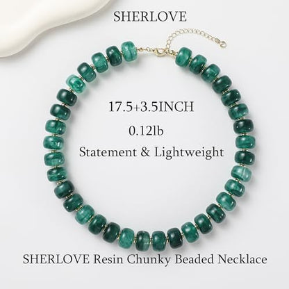 SHERLOVE Chunky Statement Large Resin Beaded Choker Necklaces for Women | Big Lightweight Bead Beaded Necklace Trendy Fashion Boho Summer Beach Vacation Jewelry - color: Beaded Choker Green