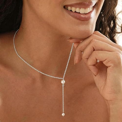 Pearl Necklace for Women, Dainty Pearls Choker Necklace for Women 14K Gold Plated Layered Pendant Necklace Handmade Gold Chain Necklace Everyday Jewelry Gift - color: Y Two Pearls-Silver