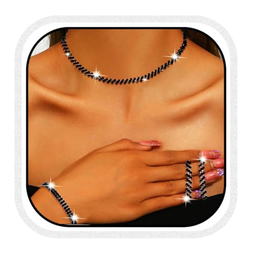 Aukmla Bridal Jewelry Set Silver Sparkly Choker Wedding Necklace Bracelet Earring Sets Prom Necklaces for Women and Brides - color: Black