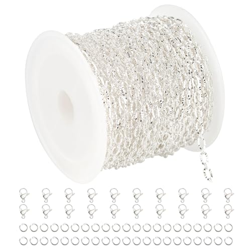 UMAOKANG 32.8 Feet Silver Jewelry Chain for Jewelry Making Silver Plated Brass Chain Roll Women Necklace Bracelet DIY Embossed Oval Cable Chain - color: Silver Embossed Oval