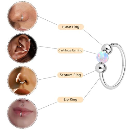 Thiswhyimbeauty 2PCS 18g Opal Nose Rings for Women Nose Hoops 8mm/10mm Hypoallergenic 316L Surgical Steel Nose Rings Piercing Jewelry Can Be Used as a Nose Ring, Septum Ring, and Cartilage Earring - color: A-Silver White opal