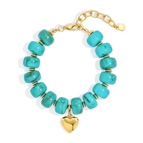 WOWORAMA Colorful Beaded Bracelets for Women Multicolor Acrylic Resin Beads Bracelet with Heart Charm Boho Statement Chunky Bracelet Summer Holiday Jewelry - color: Heart-Turquoise-Color