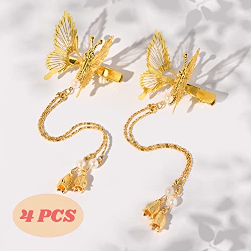 DEEKA Moving Tassel Butterfly Hair Clips 4 PCS 3D Metal Gold Moving Wings Butterfly Hairpins Bride Wedding Hair Accessories Barrette for Women and Girls -Gold - color: Gold with Tassel