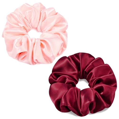 2 PCS Burgundy Pink Jumbo Satin Silky Scrunchies 6.5 Inches Oversized Scrunchie Extra Large Big Hair Ties Ponytail Holder for Thick Curly Hair Women (Burgundy, Pink) - color: Burgundy, Pink