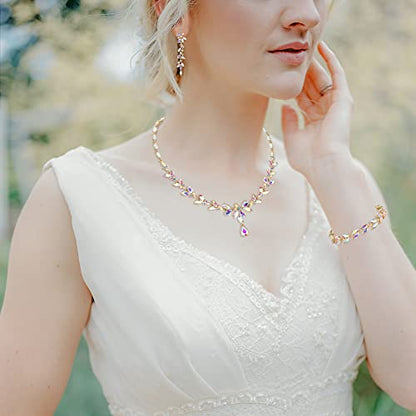 EVER FAITH Marquise Crystal Leaf Bridal Prom Jewelry Set for Women Bride | Rhinestone Wedding Party Necklace Dangle Earrings Tennis Bracelet, for Bridesmaid - color: Iridescent Clear AB Gold-Plated-Base