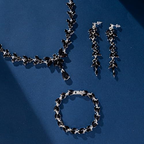 Paxuan Wedding Jewelry Sets for Bride Bridesmaid Bridal Jewelry Set for Women Wedding Crystal Necklace Earrings Bracelet Set for Party Prom Jewelry - color: Black - Silver