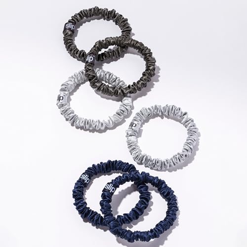 slip Skinnies The Midnight Collection | Pure Silk Skinny Scrunchies Set | 100% Mulberry Silk, Anti-Crease, Ultra Soft, Gentle on Hair, Prevents Breakage | Set of 6, Stylish & Durable - color: Navy, Charcoal, Silver