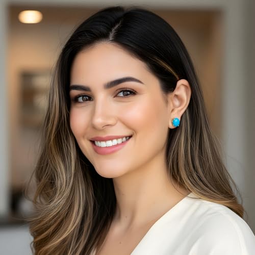Turquoise Earrings, Natural Crystal Stud Earrings for Women, Dainty Minimalist 12mm Blue Gemstone Earrings Hypoallergenic Posts