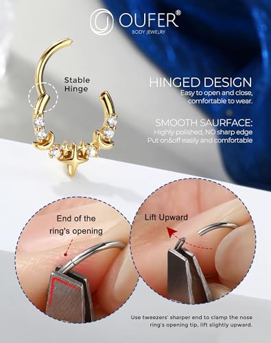 OUFER 16G Silver Gold Moon Star Hinged Segment Septum Ring 316L Surgical Stainless Steel CZ Septum Jewelry 8mm 10mm Inner Diameter with Free Tweezer Helix Tragus Conch Lip Piercing Jewelry for Women - color: Gold