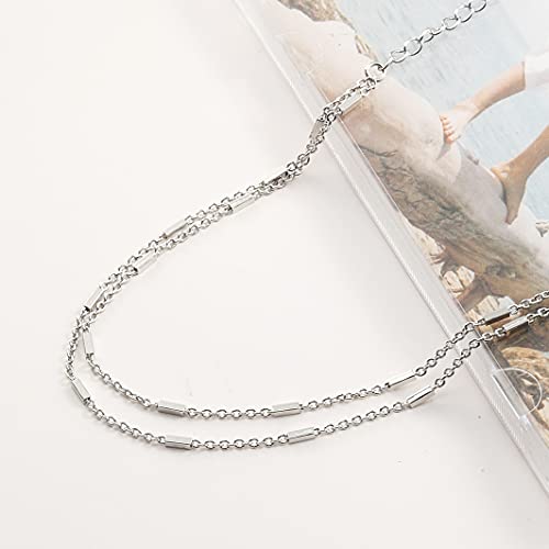 Pencros Dainty Layered Anklet,14K Gold Filled Cute Beads Satellite Chain Heart Boho Adjustable Anklets for Women - color: Layer Barlink Silver