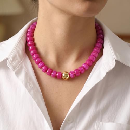 Badu Colorful Chunky Beaded Choker Necklace, Acrylic Colorful Bead Statement Necklaces, Adjustable Summer Beach Jewelry Gift for Women - color: Rose Red