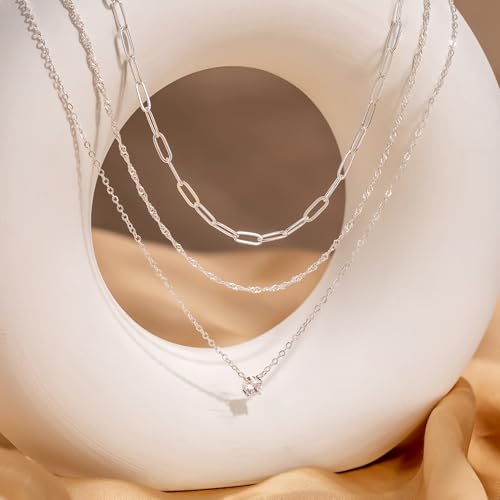 CHESKY Layered Silver Necklace for Women Trendy,Dainty Silver Plated Stackable Charm Necklace Layering Paperclip Tennis Rope Chain CZ Pendant Jewelry Set Gifts - style: CZ-silver
