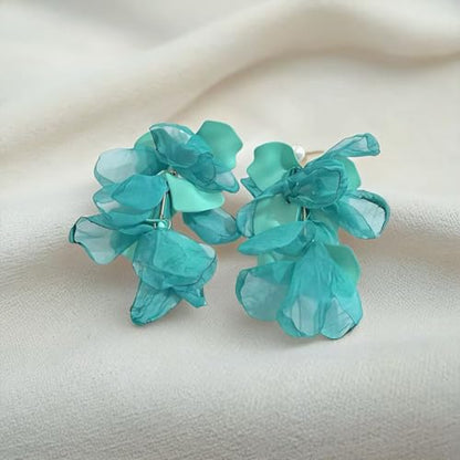 Handmade Bohemian Lightweight Fabric Flower Dangle Drop Earrings Chic Pearl Large Tassel Petal Stud Earrings For Women - color: Blue Green