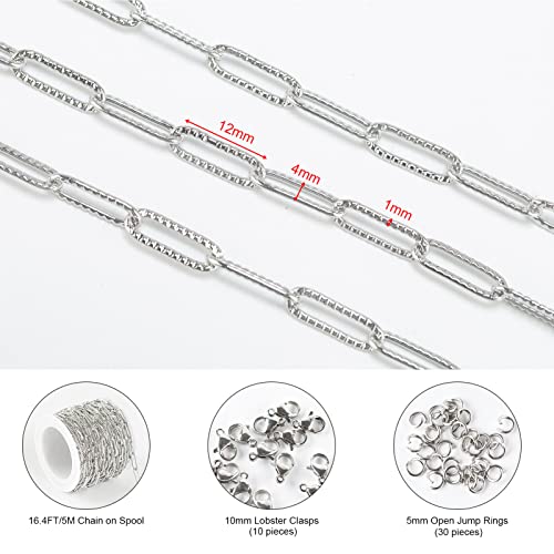 KYUNHOO 16.4 FT Silver Necklace Chains Bulk Embossed Paperclip Chain Roll | 304 Stainless Steel Chains for Jewelry Making Textured Paper Clip Chain with Clasps Jewelry Supplies DIY Crafts - color: Embossed Paperclip Silver