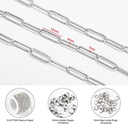 KYUNHOO 16.4 FT Silver Necklace Chains Bulk Embossed Paperclip Chain Roll | 304 Stainless Steel Chains for Jewelry Making Textured Paper Clip Chain with Clasps Jewelry Supplies DIY Crafts - color: Embossed Paperclip Silver