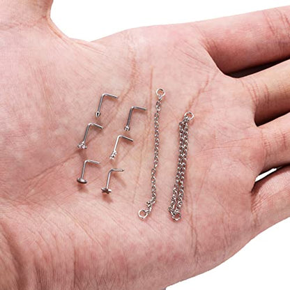 20G Stainlesss Steel Nose Rings Stud Nose Chain Piercing Across Double Nose Stud Womens Nostril Piercing Jewelry - color: L Shaped Silver