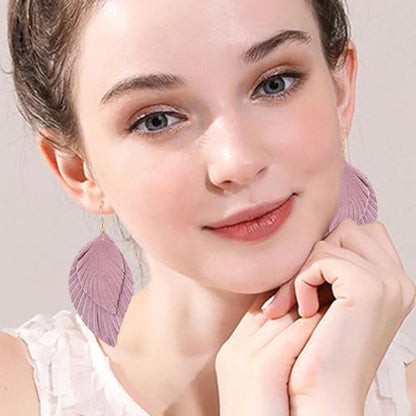 Genuine Leather Handmade Fringe Feather Lightweight Dangle Drop Earrings Teardrop Tassel Hook Earrings for Women - style: 8 Light Pink