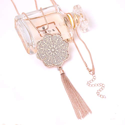 MOLOCH Long Necklaces For Woman Disk Circle Pendant Necklaces Tassel Fringe Necklace Set Statement Pendant - color: floral-shaped-rose gold