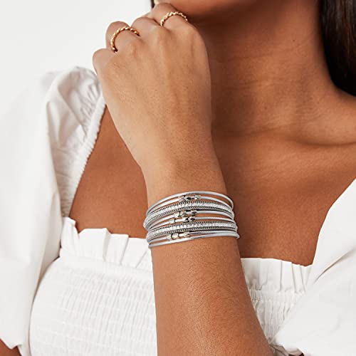 Wowanoo 3Pack Leather Cuff Bracelet Set Multilayer Wrap Bracelet Crystal Feather Tree Bracelet Magnetic Clasp Bracelet for Women - color: Bead Black