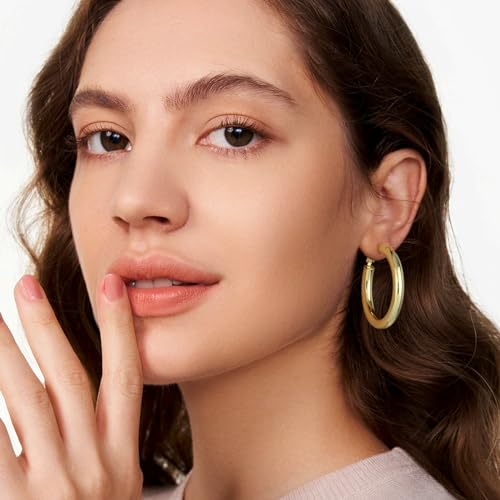 SHOWNII Chunky Gold Hoop Earrings - 14K Gold Plated Earrings for Women Hollow Tube Lightweight Thick Hoops 20/25/30/40mm Valentines Graduation Mother's Day Birthday Gifts - color: 40 Millimeters-Gold Plated