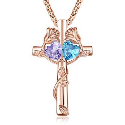 Rose Gold Cross Necklace with 2 Birthstones and Rose | Cross with Birthstone Necklace, Hypoallergenic, Adjustable Rolo Chain, Birthday Gifts, Catholic Christian Religious Jewelry - color: 06-12-Jun-Dec Birthstone