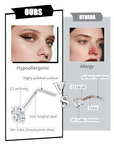 18G 20G 22G Round Cubic Zirconia Nose Rings Studs for Women Men 316L Stainless Surgical Steel Nose Ring Stud Piercing Jewelry Silver Clear CZ 1.5mm 2mm 3mm - style: 22G L Shaped Silver CZ 1.5mm