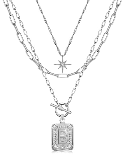 MJartoria Layered Initial Necklaces for Women | 14K Gold Plated Brass, Star Choker, Square Letter Pendant, Paperclip Chain - color: Silver, style: B