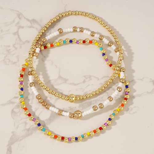 Dainty Gold Plated Tiny Ball Colorful Beaded Stack Bracelets Sets for Women,3Pcs Stackable Cute Bracelet Stretch Trendy Ball Jewelry Friendship Gift - color: Colorful