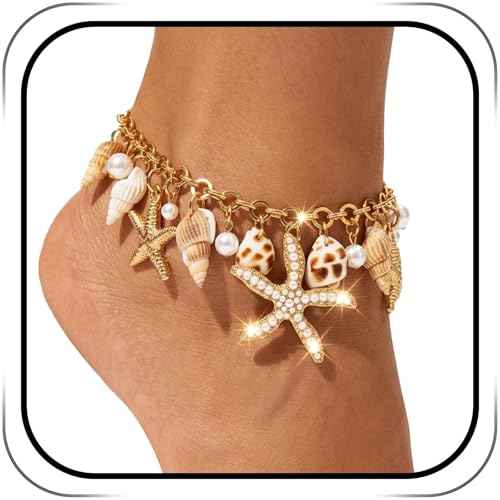 Sea Shell Starfish Anklet with Pearl Charms, Layered Heart Beach Statement Chunky Ankle Bracelet, Gold Tone Chain - color: Gold A