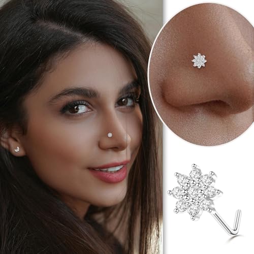 35-70 PCS 18G 20G Nose Rings for Women & Men - Gold Hoops, L Shape, Studs & Screw - 316L Surgical Stainless Steel - color: Silver-Clear CZ-20G-12pcs