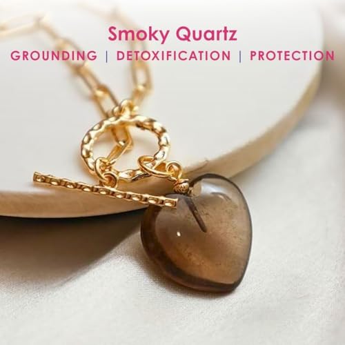 Gempires Gemstone Heart Pendant Necklace for Women, Gold Toggle Birthstone | Handmade gemstone heart pendant necklace — choose from 11 stones and birthstones, gold toggle paperclip chain. - color: Smoky Quartz