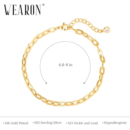 WEARON Gold Bracelet for Women 14K Gold Plated Snake Herringbone Figaro Cuban Bead Paperclip Cable Box Chain Simple Jewelry - style: Paperclip Chain