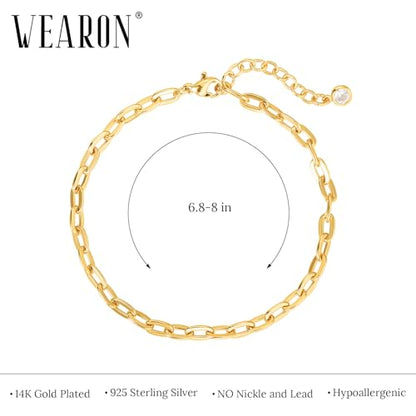 WEARON Gold Bracelet for Women 14K Gold Plated Snake Herringbone Figaro Cuban Bead Paperclip Cable Box Chain Simple Jewelry - style: Paperclip Chain